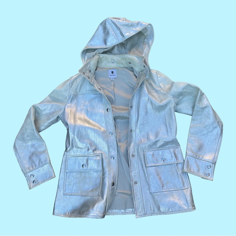 Women’s Shiny Silver Detachable Hooded Leather Jacket
